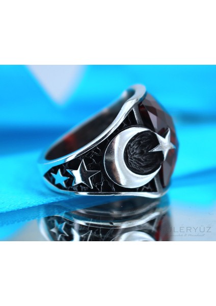 Çift Ayyıldızlı Kırmızı Zirkon Taşlı Gümüş Yüzük fiyatları