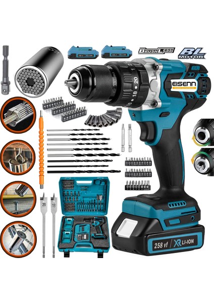 Germany Technology Kömürsüz BL Motor 328 Vf 20 Ah Metal Şanzıman Çift Akülü Matkap Vidalama Üniversal Soket Hediyeli