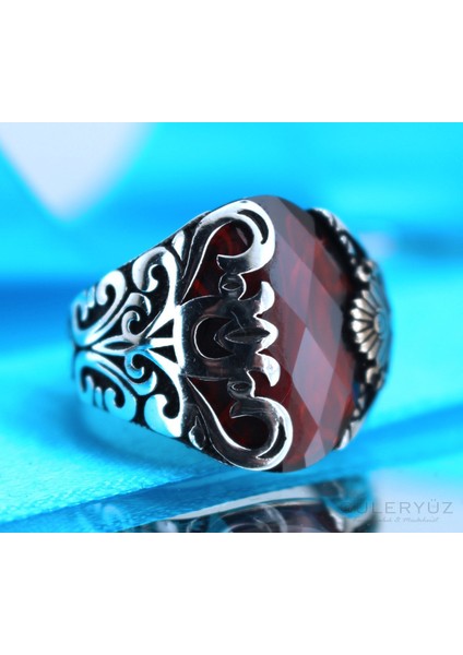 Kırmızı Zirkon Taşlı Osmanlı Armalı Gümüş Yüzük