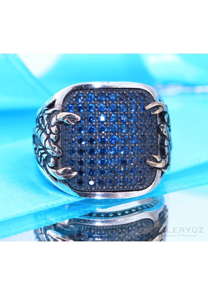 Yengeç Motifli Lacivert Zirkon Taşlı Gümüş Yüzük