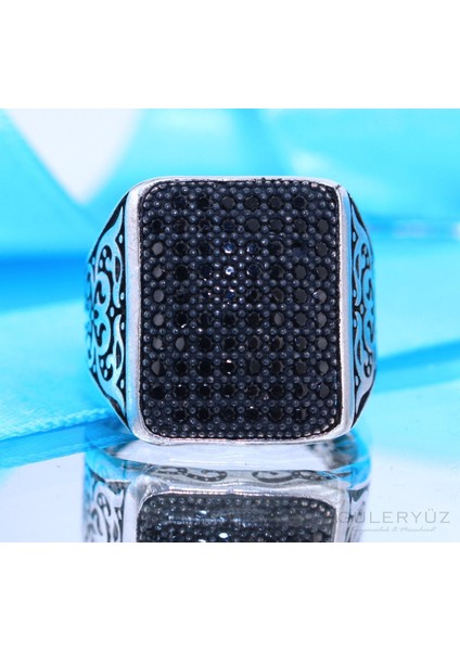 Siyah Zirkon Taşlı Kare Gümüş Erkek Yüzük