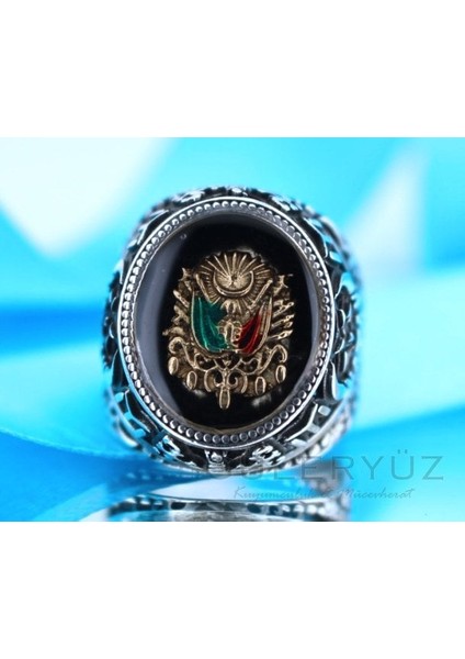 Osmanlı Armalı Siyah Mineli Vatan Yazılı Gümüş Yüzük