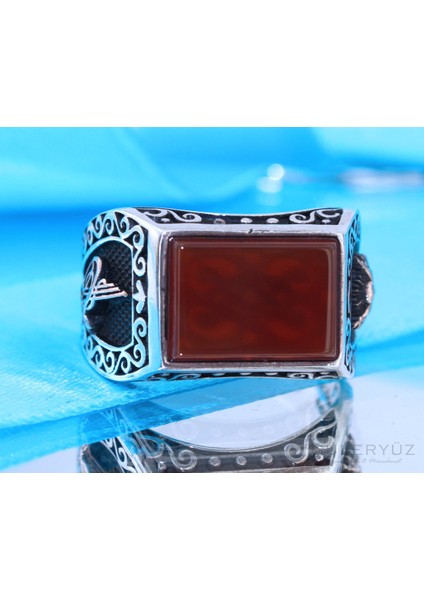Bordo Akik Taşlı Osmanlı Tuğralı Gümüş Yüzük