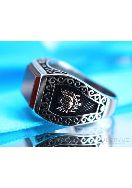 Bordo Akik Taşlı Osmanlı Tuğralı Gümüş Yüzük fiyatları