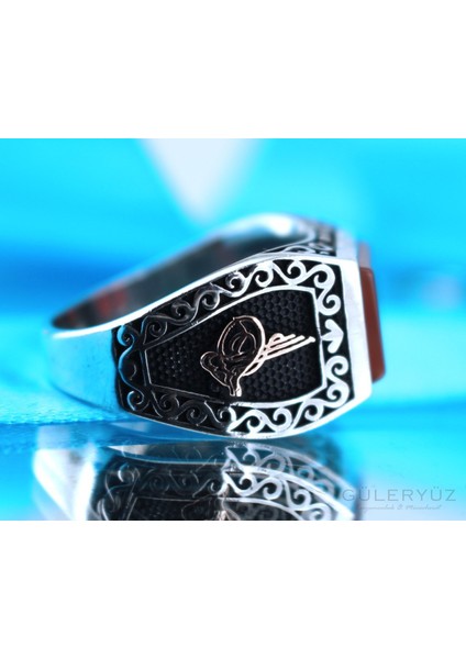 Bordo Akik Taşlı Osmanlı Tuğralı Gümüş Yüzük modelleri