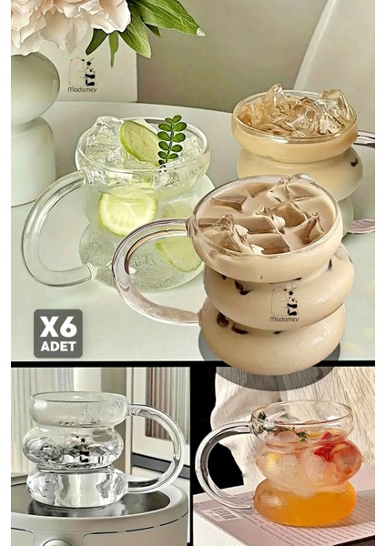 6lı Üç Büklüm Kulplu Dev Şeritli Cam Bardak Pipetli Meşrubat Kahve Sunum Kokteyl Bardağı 400ML Seti