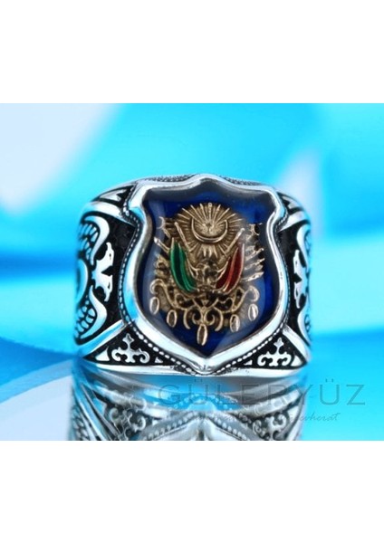 Osmanlı Armalı Mavi Mineli Çift Kartallı Gümüş Yüzük
