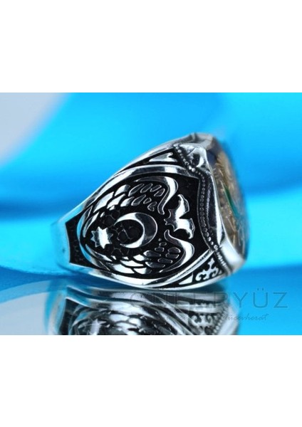 Osmanlı Armalı Mavi Mineli Çift Kartallı Gümüş Yüzük fiyatları