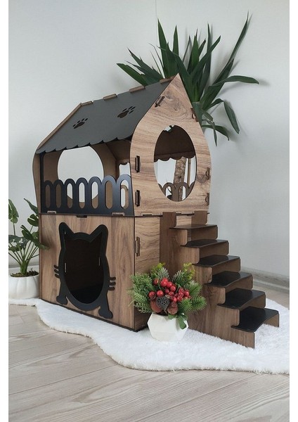 Kedi Evi Teraslı 2 Katlı Merdivenli