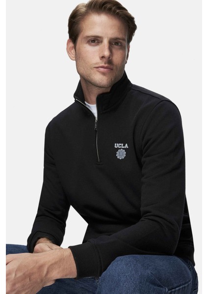 Leon Siyah Yarım Fermuar Nakışlı Standard Fit Erkek Sweatshirt