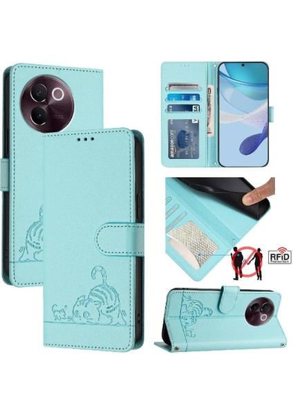 Vıvo V30E 5g Için Kılıf Cüzdan Kapak Çevirin Kedi Rfıd Kart Yuvası Tutucu Kickstand (Yurt Dışından)