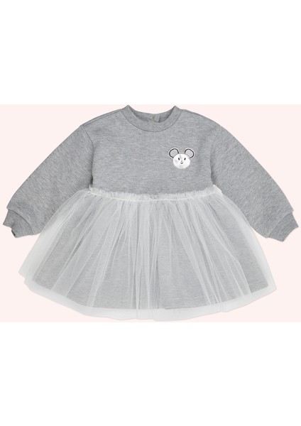 Kız Bebek Aplike Detaylı Gri-Melanj Örme Elbise