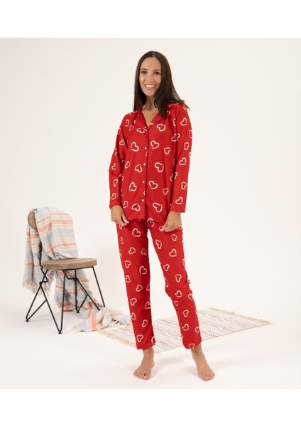 Desenli Önden Düğmeli Süet Kadın Pijama Takım