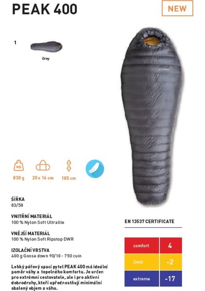 Peak 400 -17'c Superlite Uyku Tulumu - 195R, Gri