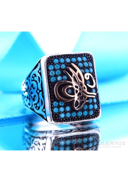 Mavi Zirkon Taşlı Osmanlı Tuğralı Gümüş Yüzük