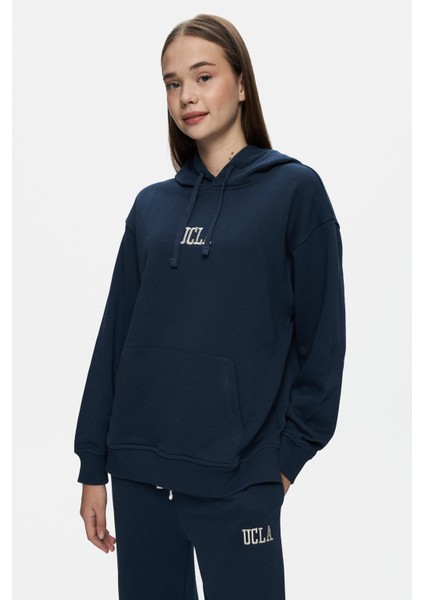 Jess Lacivert Kapüşonlu Nakışlı Oversize Kadın Sweatshirt