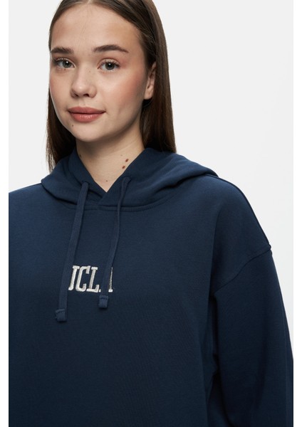 Jess Lacivert Kapüşonlu Nakışlı Oversize Kadın Sweatshirt