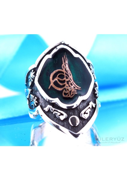 Yeşil Mineli Osmanlı Tuğralı Ayarlanabilir Zihgir(Okçu) Yüzük