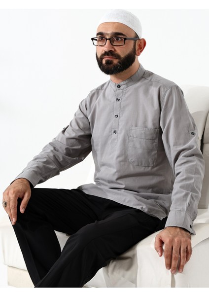 Erkek Pamuk Vual Rahat Kesim Hakim Yaka Yarım Pat Lacivert Hac Umre Gömlek indirimleri