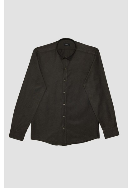 Erkek Modern Fit Dar Kesim Pamuklu Kolay Ütü Armürlü Haki Gömlek