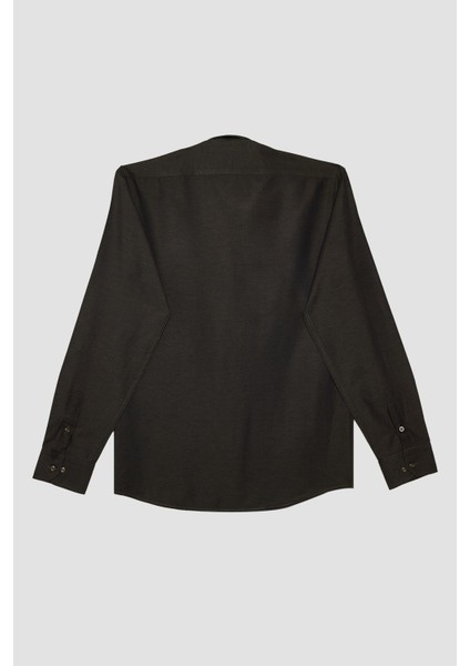 Erkek Modern Fit Dar Kesim Pamuklu Kolay Ütü Armürlü Haki Gömlek