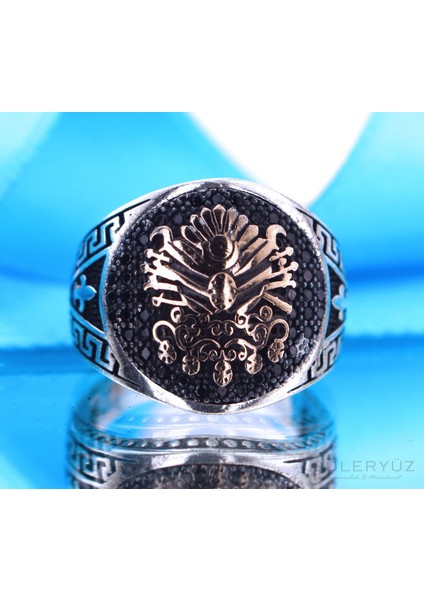 Siyah Zirkon Oval Model Taşlı Osmanlı Armalı Gümüş Yüzük
