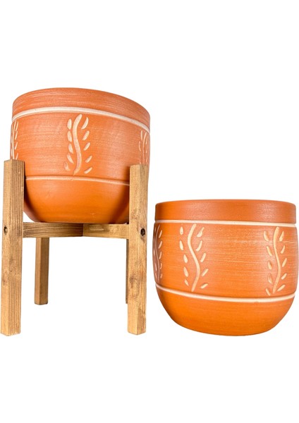 Ev Dekorasyon Nakış Desenli Toprak Saksı Saksılık Salon Çiçeklik İkili Set Ayaksız - 4 Ayaklı- 19 CM
