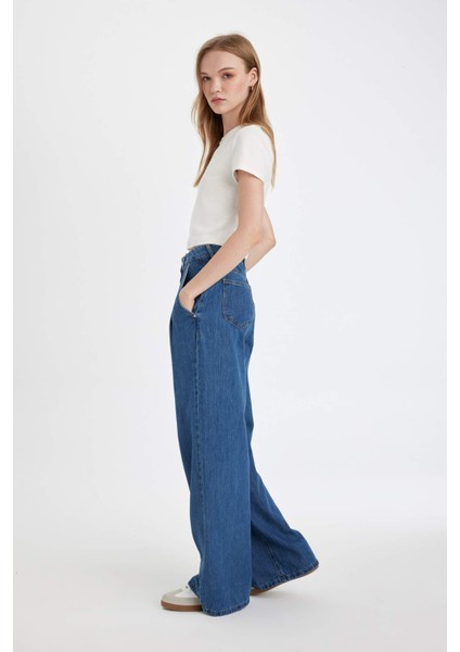 Wide Leg Yüksek Bel Uzun Jean Yıkamalı Pantolon D5521AX24WN