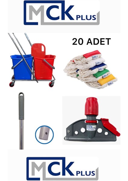 Mck Çift Kovalı Islak Mop Setli Paspas Arabası Temizlik Arabası 20 Adet Islak Mop