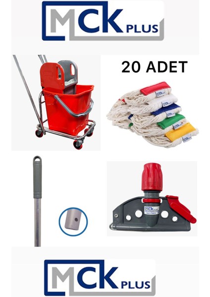 Tek Kovalı Krom Paspas Arabası ve Temizlik Arabası Temizlik Seti Plastik + Islak Mop Seti 20 Adet