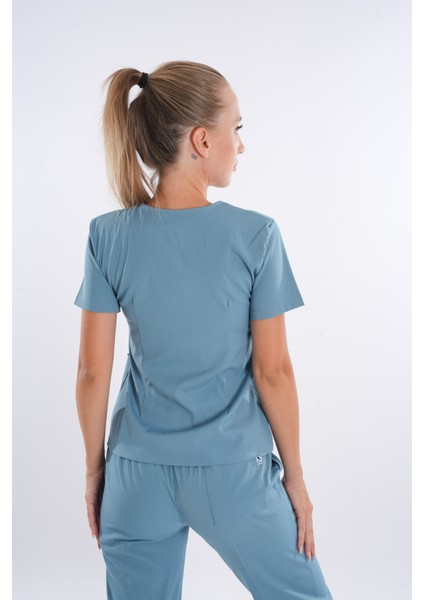 Cool Petrol Mavi Renk Lily Model Fermuarlı Soft Likra Doktor, Hemşire Cerrahi Üniforma Takım modelleri