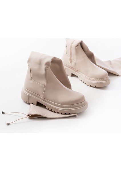 812-2194 Bej Fermuarlı Diz Üstü Bağcıklı Çorap Günlük Kadın Çizme fiyatları