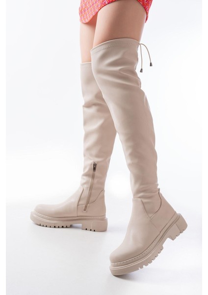 812-2194 Bej Fermuarlı Diz Üstü Bağcıklı Çorap Günlük Kadın Çizme modelleri