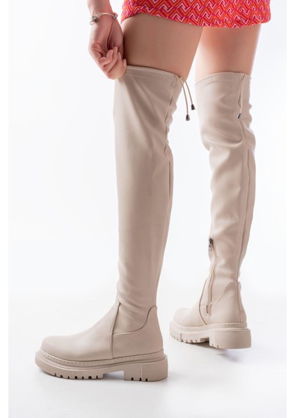 812-2194 Bej Fermuarlı Diz Üstü Bağcıklı Çorap Günlük Kadın Çizme fırsatları