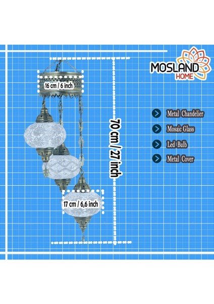 Mozaik Lamba Osmanlı Otantik Renkli Camlı El Yapımı Otantik Sarkıt 3' Lü Avize Büyük Boy Cam