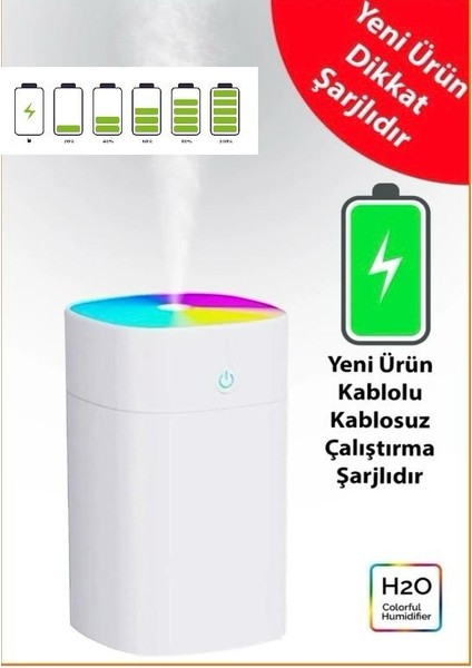 Şarjlı  Hava Nemlendirici H2O Humıdifier,gecelam Bası,aroma,koku Dağıtıcı, Yeni Şarj Edilebilir.