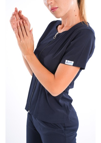 Lacivert Renk Lily Model Fermuarlı Soft Likra Doktor, Hemşire Cerrahi Üniforma Takım indirimleri
