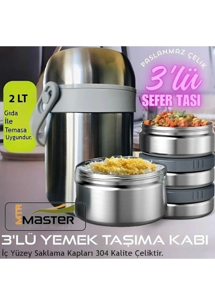 Begin Power 3 Katlı Yemek Termosu 2 Litre Sefer Tası Paslanmaz Çelik 3 Katlı Yemek Kabı