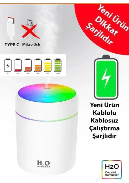 ŞARJLI KABLOSUZ KULLANIMA UYGUN YENİ NESİL TYPE-C GİRİŞLİ HAVA NEMLENDİRİCİSİ Humidifier Şarjlı Hava nemlendirici Humıdifier ,koku ve Aroma Difizörü Yeni Ürün,gece Lambası, Şarjlı