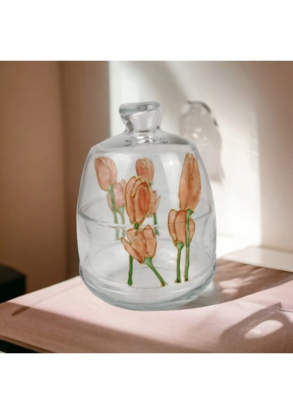 El Boyalı Cam Desenli Çay Seti : 6 Bardak Tabaklar + Şekerlik Hediye