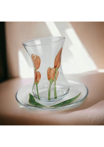 El Boyalı Cam Desenli Çay Seti : 6 Bardak Tabaklar + Şekerlik Hediye fiyatları