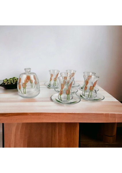 El Boyalı Cam Desenli Çay Seti : 6 Bardak Tabaklar + Şekerlik Hediye modelleri