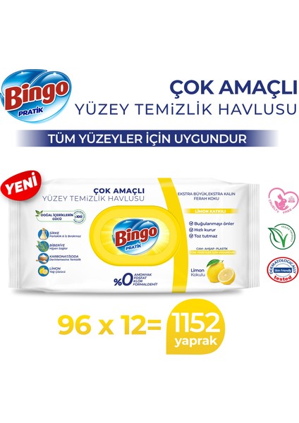 Pratik Yüzey Temizlik Havlusu Limon Kokulu 96X12 (1152 Yaprak)