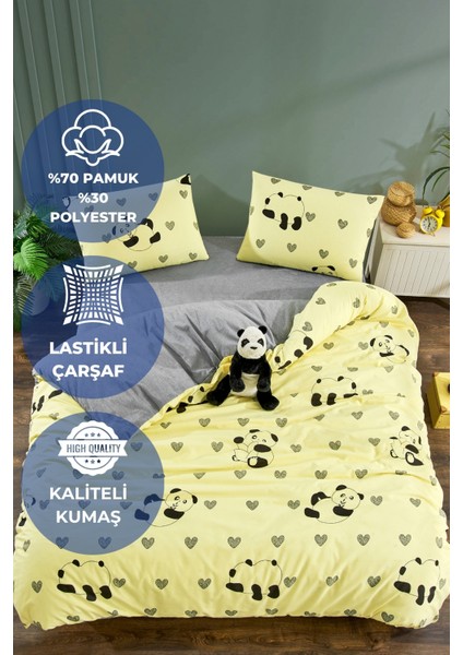 SARI PANDA Çift Kişilik Nevresim Takımı Lastikli Çarşaf ve 2 Yastık Kılıfı fırsatları