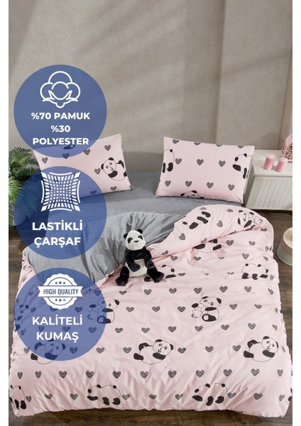 PEMBE PANDA Çift Kişilik Nevresim Takımı Lastikli Çarşaf ve 2 Yastık Kılıfı