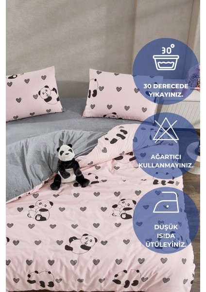 PEMBE PANDA Çift Kişilik Nevresim Takımı Lastikli Çarşaf ve 2 Yastık Kılıfı