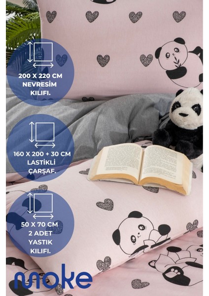 PEMBE PANDA Çift Kişilik Nevresim Takımı Lastikli Çarşaf ve 2 Yastık Kılıfı