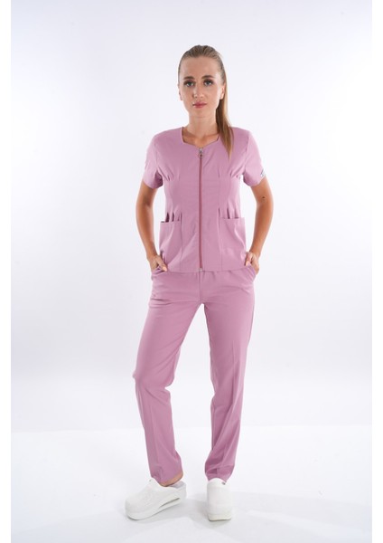 Pudra Renk Lily Model Fermuarlı Soft Likra Doktor, Hemşire Cerrahi Üniforma Takım