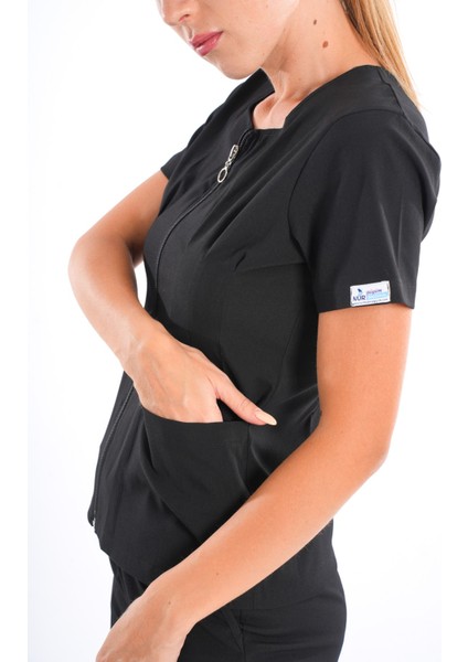 Siyah Renk Lily Model Fermuarlı Soft Likra Doktor, Hemşire Cerrahi Üniforma Takım fırsatları