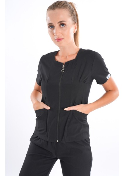 Siyah Renk Lily Model Fermuarlı Soft Likra Doktor, Hemşire Cerrahi Üniforma Takım fiyatları